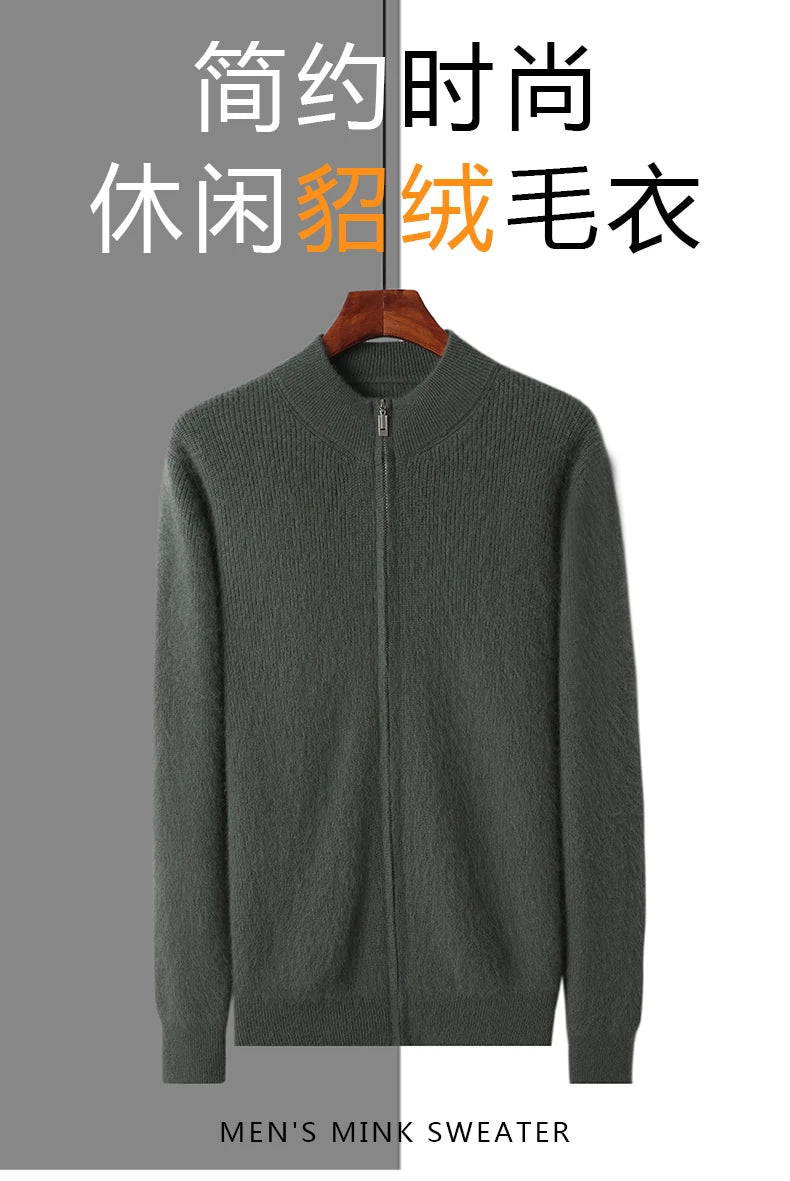 Pullover aus 100 % reinem Nerz-Kaschmir für Herren, Stehkragen, verdickte Strickjacke, Herbst/Winter, warm, lässig, gestrickt, große Oberteile mit Reißverschluss