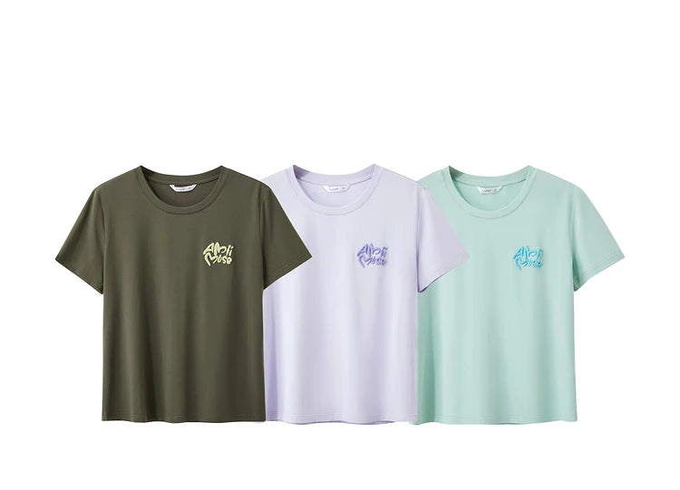 Damen T-Shirt im Minimalismus-Stil mit O-Ausschnitt und Stickerei