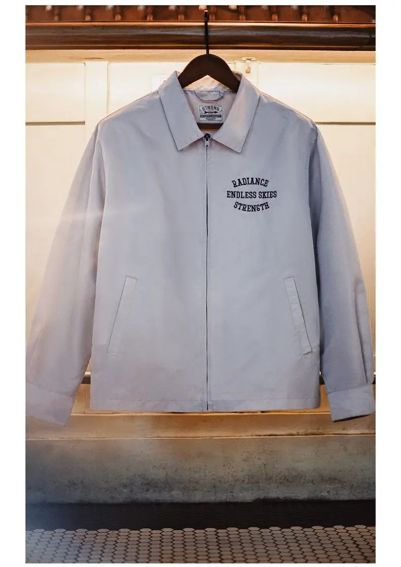 Herren Coach Jacke Vintage Gestickte Buchstaben Reißverschluss Notch-Revers Lässige Oberbekleidung