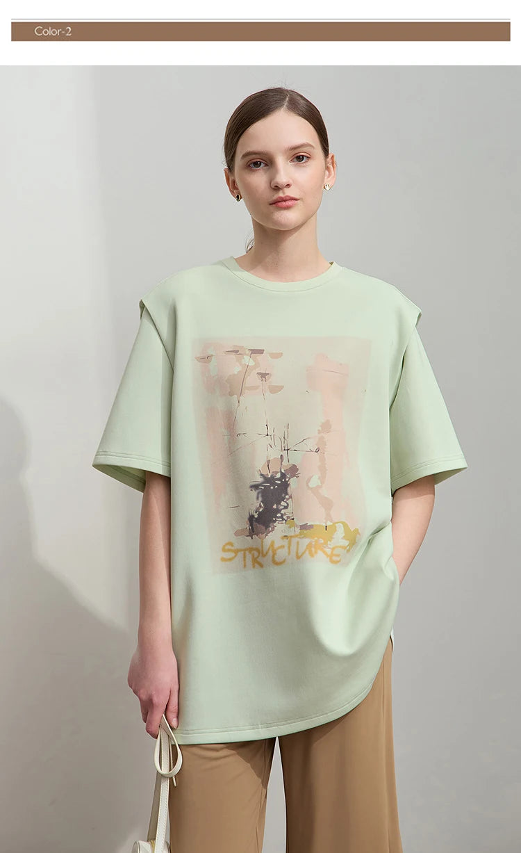 Damen T-Shirt im minimalistischen Stil mit lässigem O-Ausschnitt und Kunstdruck