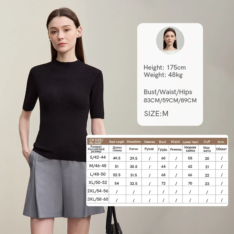 Damen-Strickpullover mit Stehkragen, Kurzarm, schwarzer Feinstrick, slim