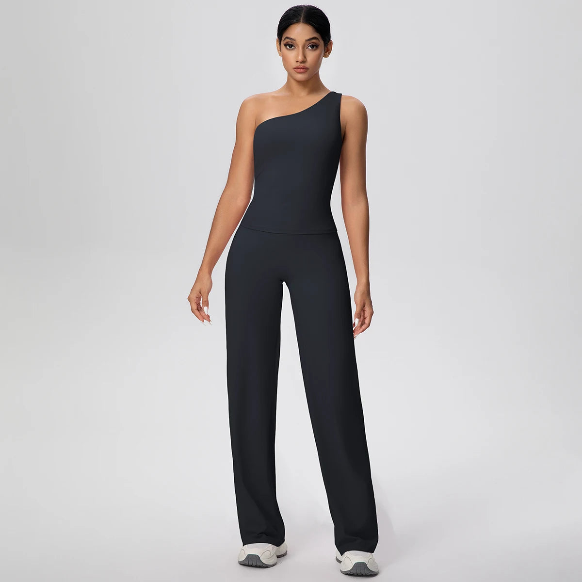 Damen-Yoga-Set schwarz: ärmelloses Top und lange High-Waist-Leggings