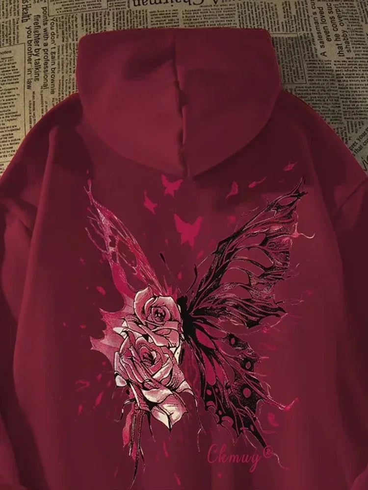 Herren Hoodie mit kreativer Schmetterling Rose Grafik im Hip Hop Stil