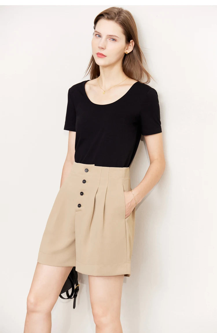 Damen T-Shirt aus mercerisierter Baumwolle mit V-Ausschnitt und Spitzen-Detail