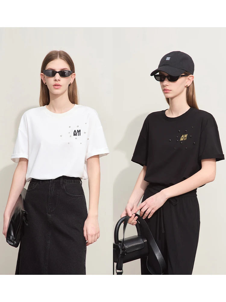 Damen T-Shirts im Minimalismus-Stil mit Stickerei und lässigen Ärmeln