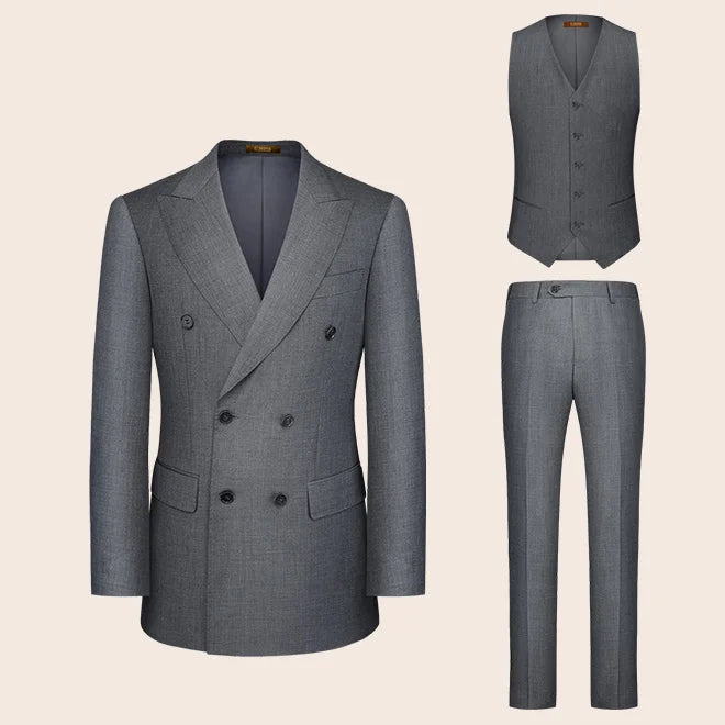 Eleganter Herrenanzug aus 30% Wolle: Grauer Slim-Fit Doppelreiher für Hochzeit & Business