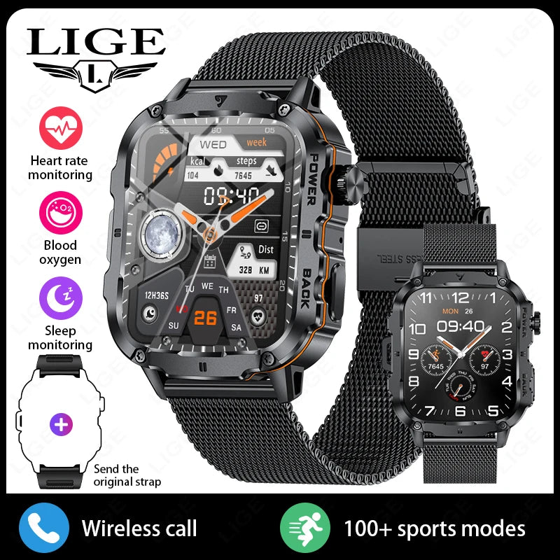 LIGE Outdoor Militär Sport Smart Uhr Männer Frauen Fitness Track Herzfrequenz Blut Sauerstoff Wasserdicht BT Anruf 1,95-Zoll Smartwatch
