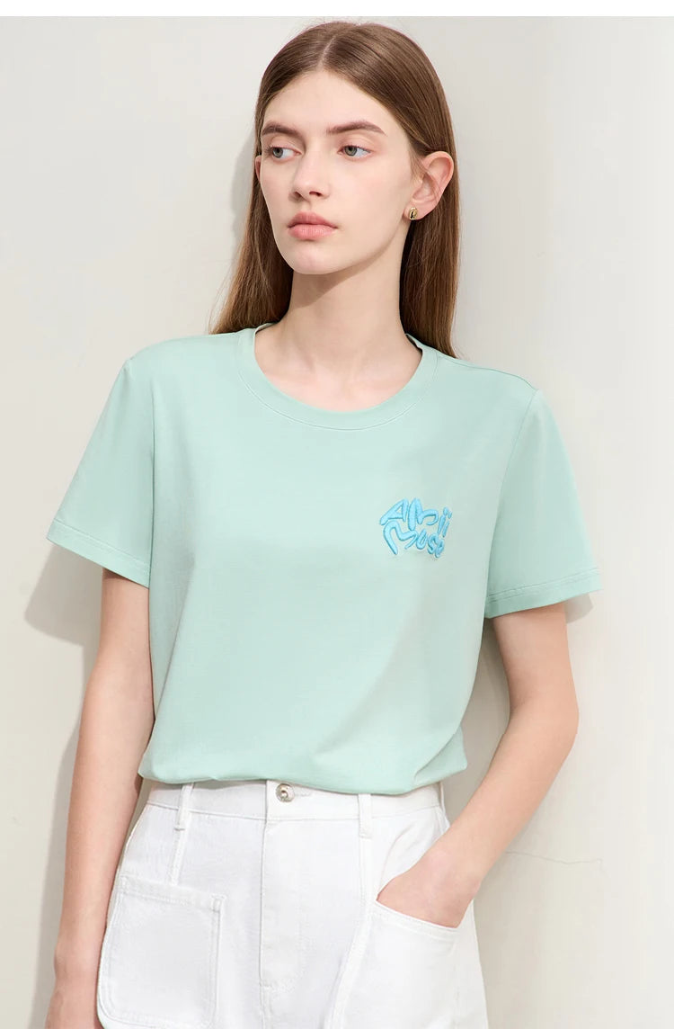 Damen T-Shirt im Minimalismus-Stil mit O-Ausschnitt und Stickerei