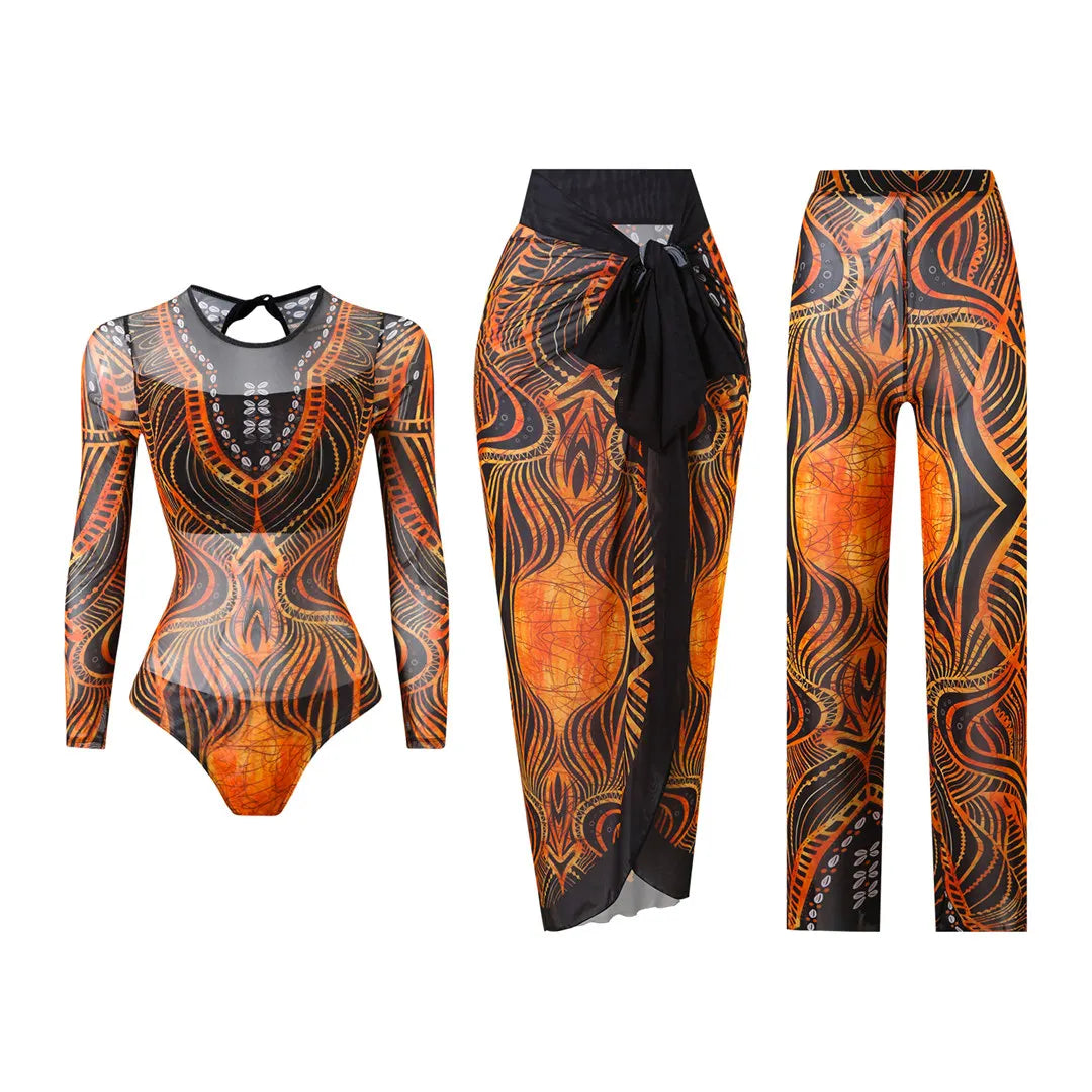 Damen-Badeanzug 3-teilig Print Langarm Sarong-Set gepolstert