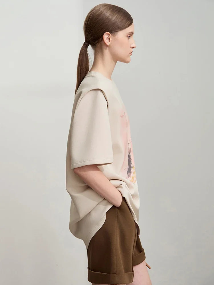 Damen T-Shirt im minimalistischen Stil mit lässigem O-Ausschnitt und Kunstdruck