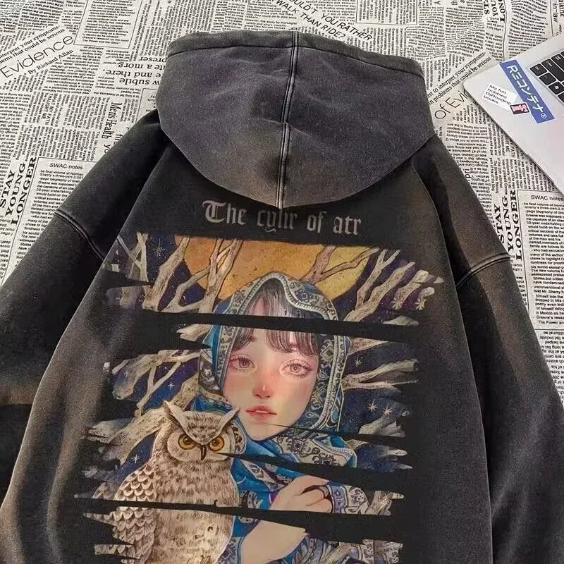 Neue Herren Kunst Eule Mädchen Grafikdruck Kapuzenpullover Gewaschen Distressed Harajuku Mode Pullover Hoodies Y2K Streetwear Hoody