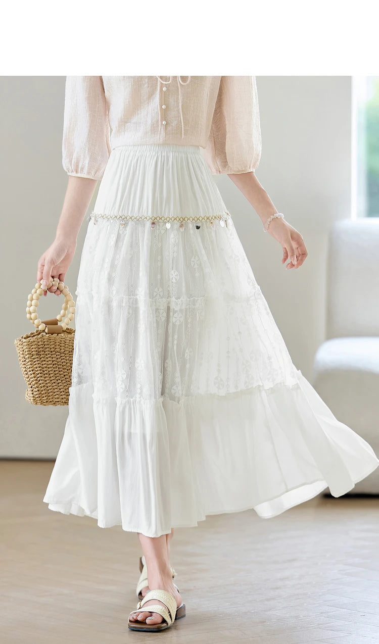 Damen A-Linien-Rock mit hoher Taille und elegantem Spitzenspleiß für den Sommer
