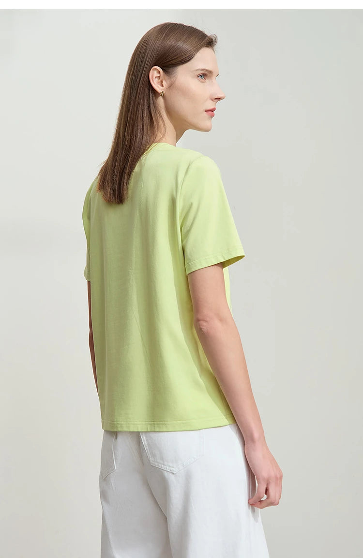Damen T-Shirt mit O-Ausschnitt und geometrischer Dekoration aus antibakterieller Baumwolle