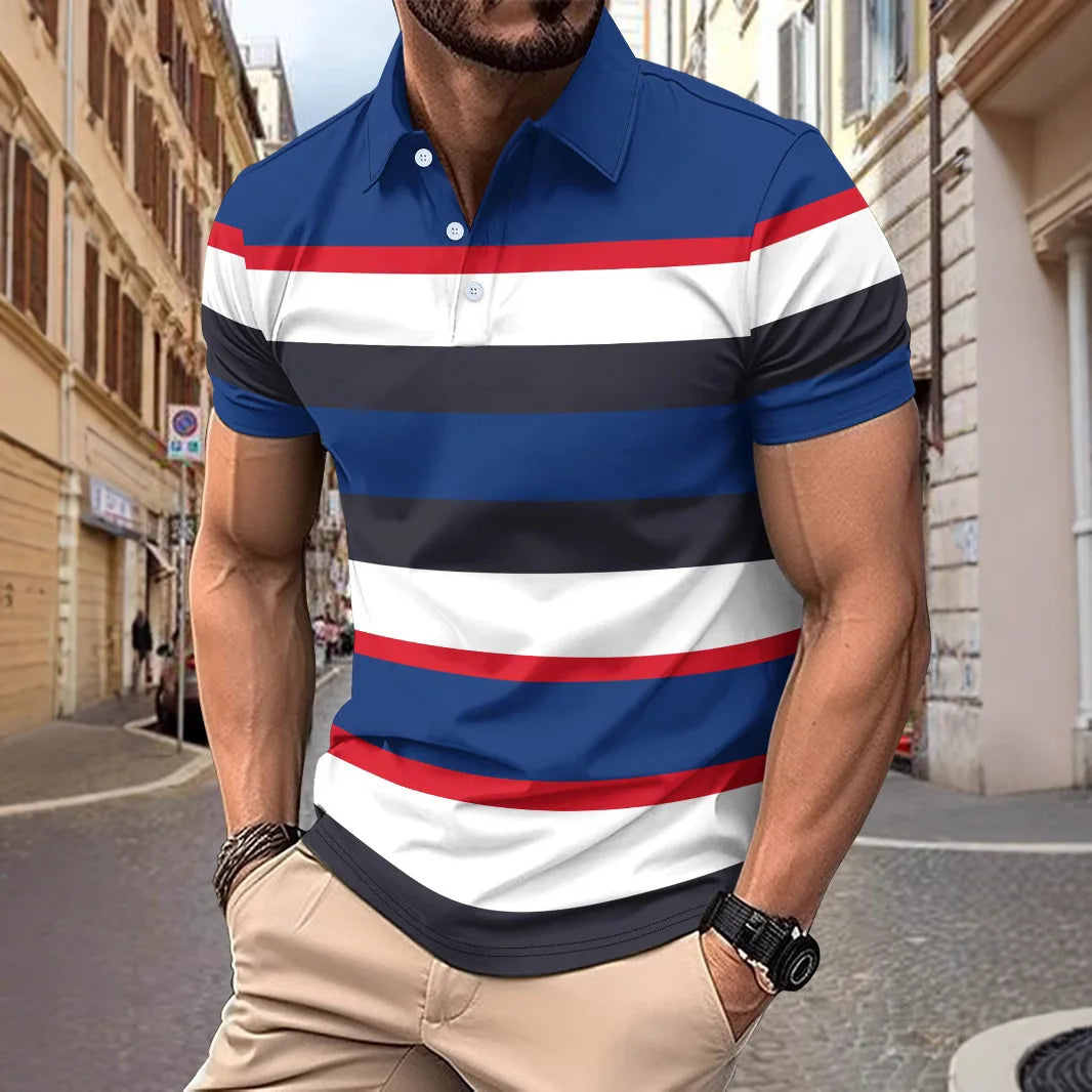 Herren-Poloshirt mit bedrucktem Revers und Knopfleiste – vielseitiges Business-Shirt im Colorblock-Design