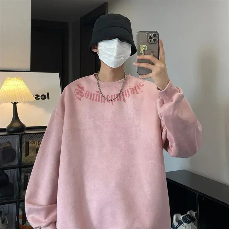 Frühlings-Herren-Sweatshirt aus Wildleder mit Goth-Buchstaben-Aufdruck, übergroße Pullover mit Rundhalsausschnitt, Hoodies, 2025, neue Y2K-Vintage-Fleece-Sudaderas