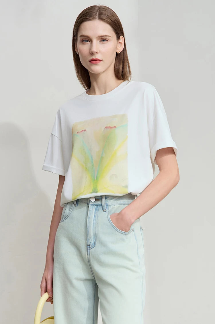 Damen T-Shirt im minimalistischen Stil mit Druck und Rundhals-Ausschnitt