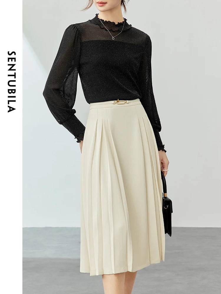 Damen Faltenrock in Schwarz mit hoher Taille im eleganten A-Linien-Stil