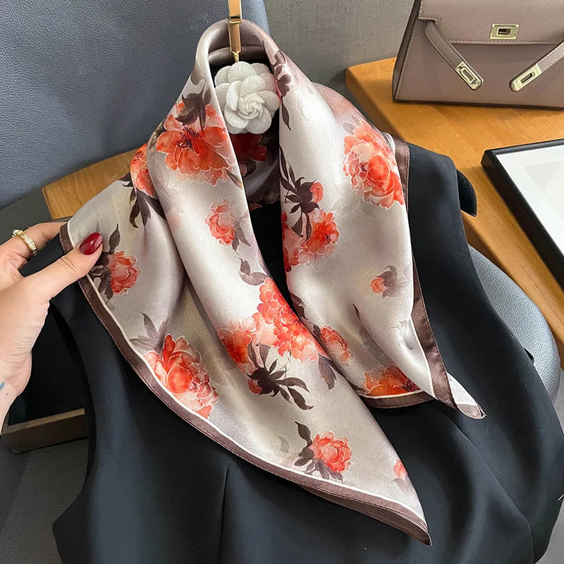 Damen Seidensatin Schal quadratisch Blumenprint Kopftuch Bandana Hijab Geschenk D