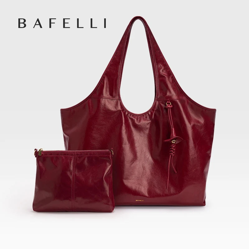 Rote Damen-Echtleder-Tragetasche mit Reißverschlussfach und passender kleiner Tasche