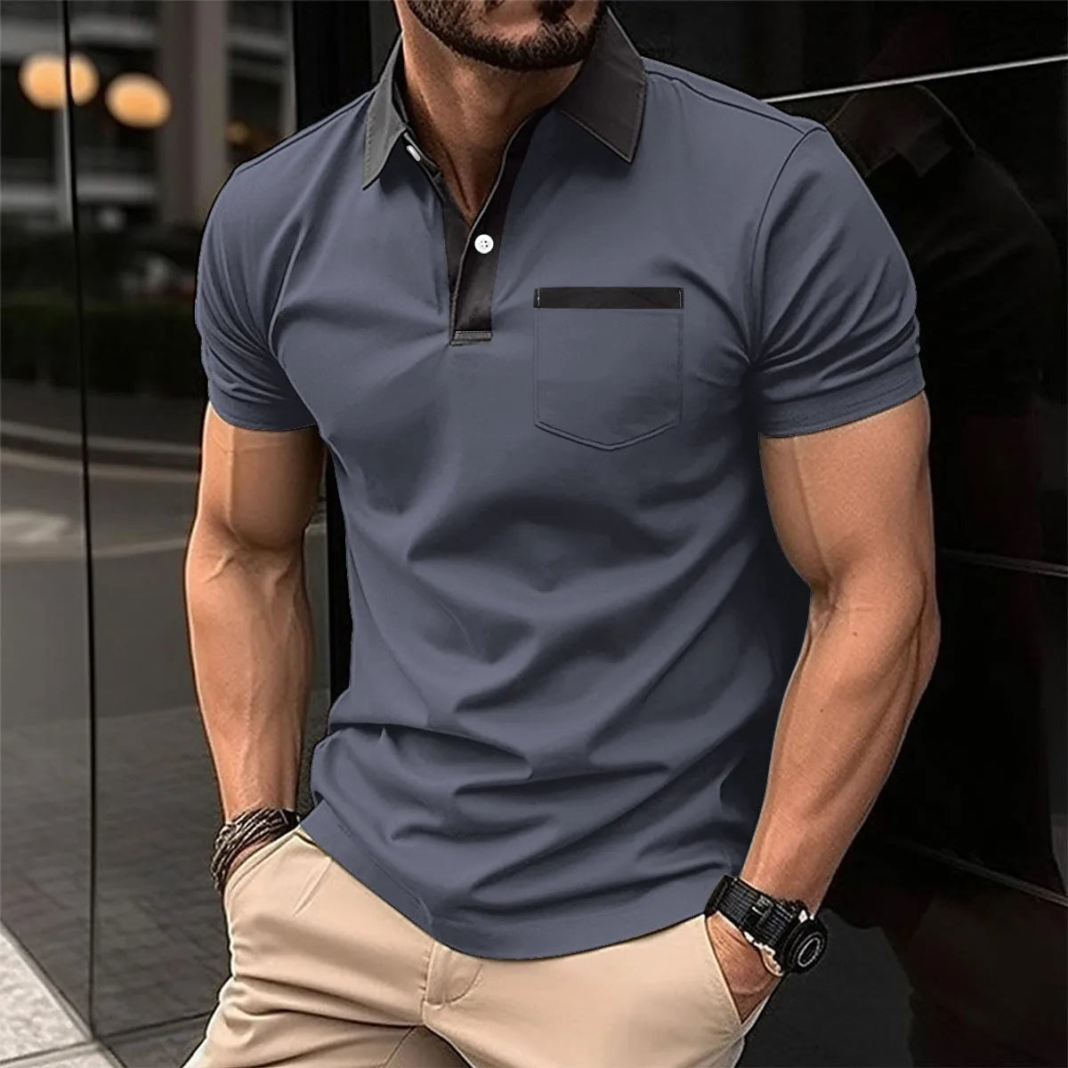 Herren-Casual-Poloshirt mit V-Ausschnitt und Knopfleiste – gestreiftes, vielseitiges Business-T-Shirt