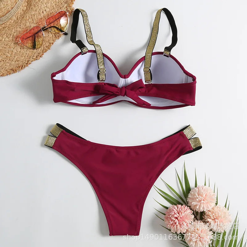 Sexy Bikini-Set in Rosenrot mit Strasssteinen – Push-Up-Badeanzug für Damen am Strand oder Pool