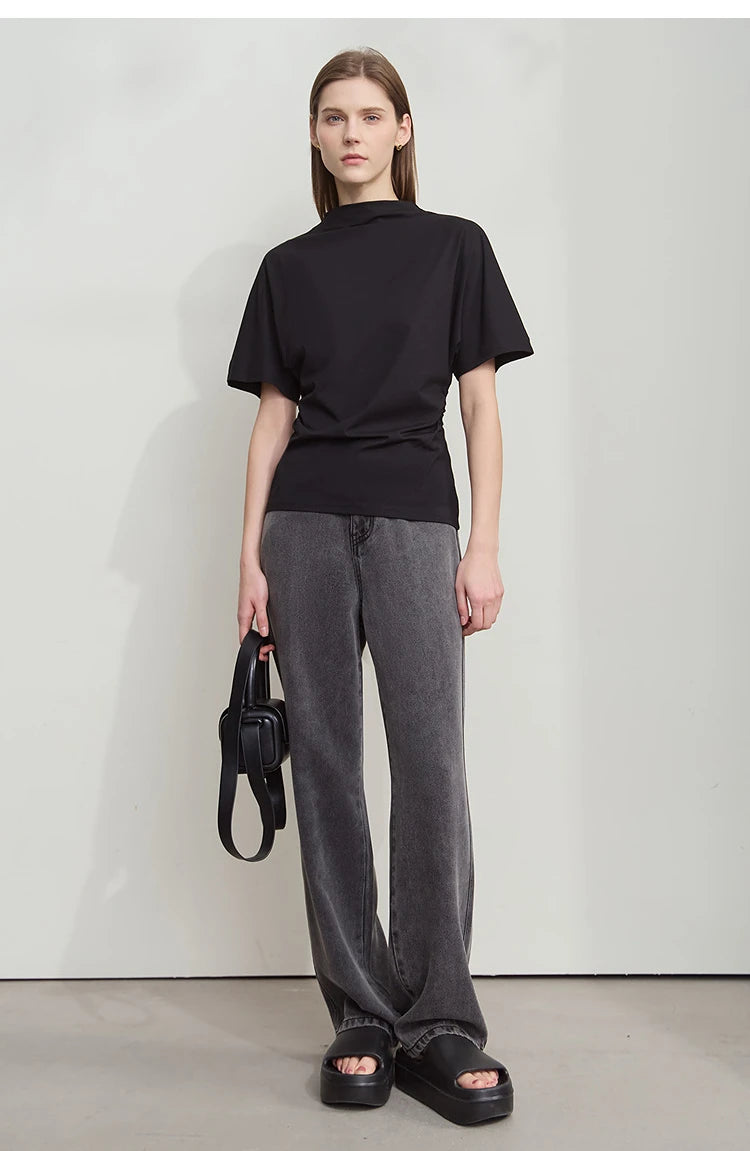 Damen T-Shirt im minimalistischen Sommer-Stil mit solidem Rollkragen und Kurzarm