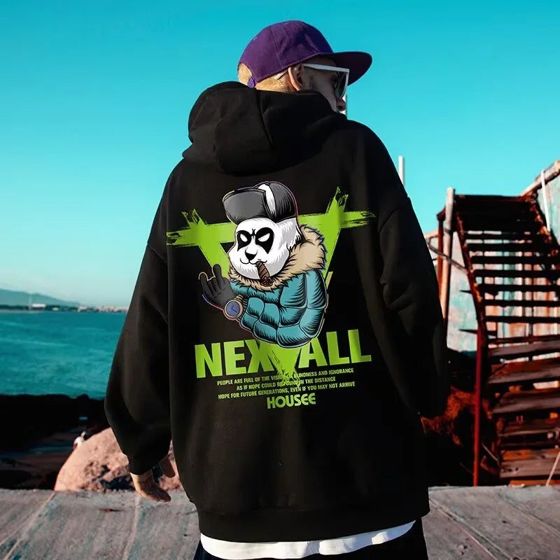 Frühlings-Herren-Punk-Panda-bedruckte Hoodies 2025, neu in Harajuku-Mode, Fleece-Kapuzenpullover, Y2K-Streetwear, übergroßer Hoody