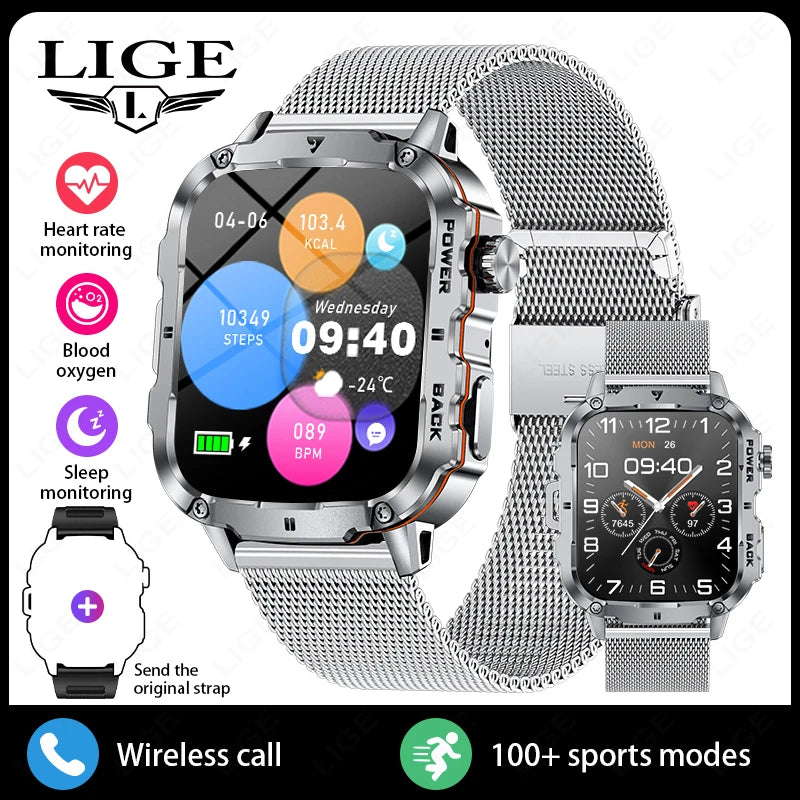 LIGE Outdoor Militär Sport Smart Uhr Männer Frauen Fitness Track Herzfrequenz Blut Sauerstoff Wasserdicht BT Anruf 1,95-Zoll Smartwatch