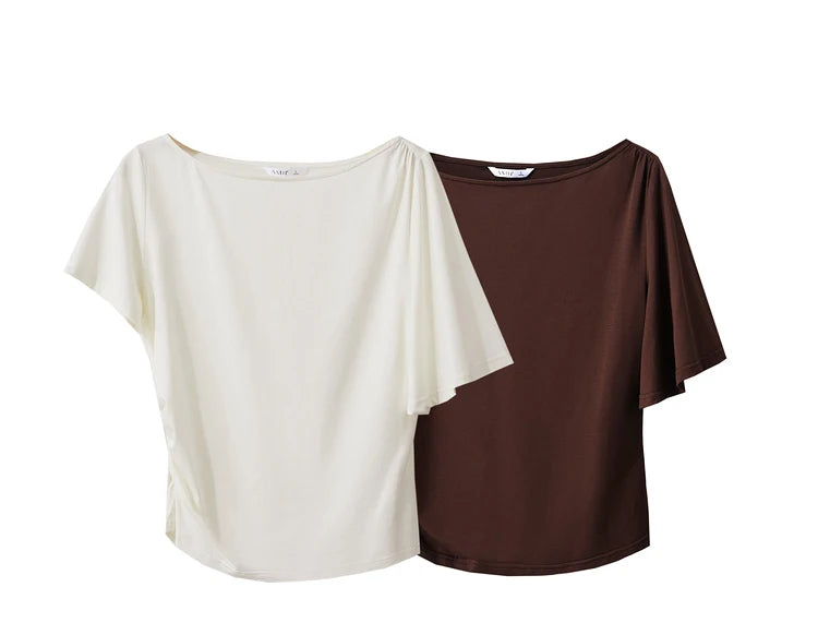 Damen T-Shirt im Minimalismus-Stil mit asymmetrischem Slash Neck und Raffen