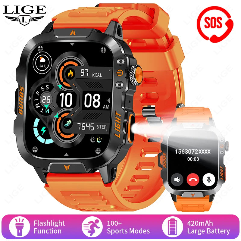 LIGE Neue LED Taschenlampe Outdoor Smart Uhr 420 mAh Batterie Wasserdicht 100 + Sport Herzfrequenz Sprachanruf 1,96 "HD Smartwatch Männer