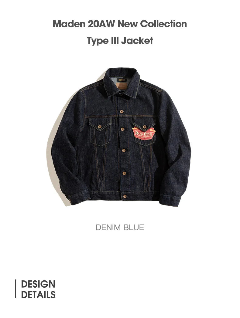 Herren Jeansjacke Vintage 14,8 Unzen Denim Klassisch Slim Fit Mantel