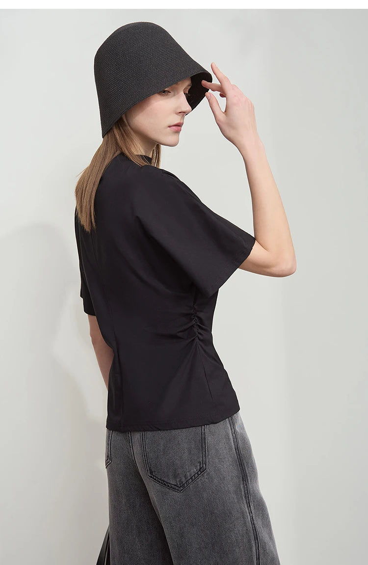 Damen T-Shirt im minimalistischen Sommer-Stil mit solidem Rollkragen und Kurzarm