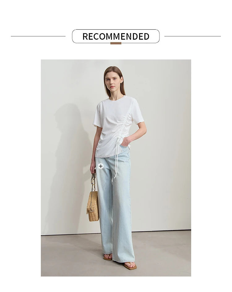 Damen Sommer T-Shirt mit Rundhals und Kordelzug in lässiger Form
