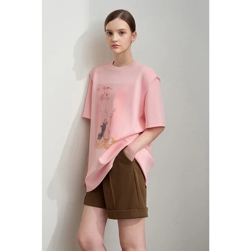 Damen T-Shirt im minimalistischen Stil mit lässigem O-Ausschnitt und Kunstdruck