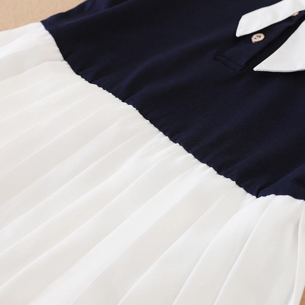 Kinder-Sommerkleid, Marineblau und Weiß, Mädchenkleid im Matrosenstil, kurzärmeliges, plissiertes Kleid mit Kragen und Schleife, Kinder-Schulkleidung