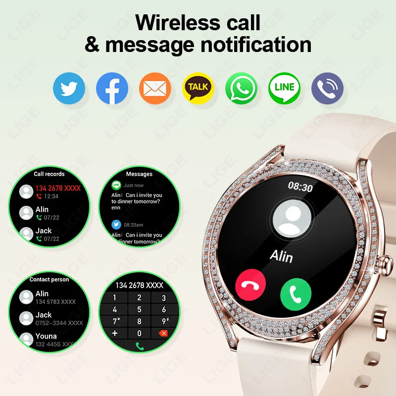 LIGE Neue Frauen Smart Uhr 1,28 Zoll Sport Fitness Armband BT HD Anruf Uhr Wasserdicht Diamant Fall Mode Smartwatch 2025