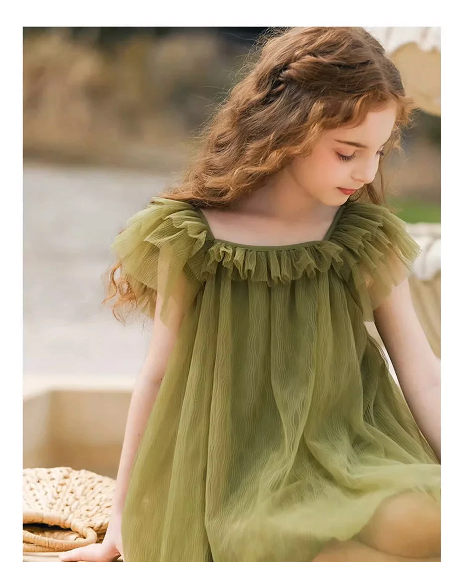 Beiges Sommerkleid für Mädchen im französischen Prinzessinnenstil mit kurzen Ärmeln – ideal für Geburtstagsfeiern und Hochzeiten, geeignet für Kinder von 110 cm bis 170 cm