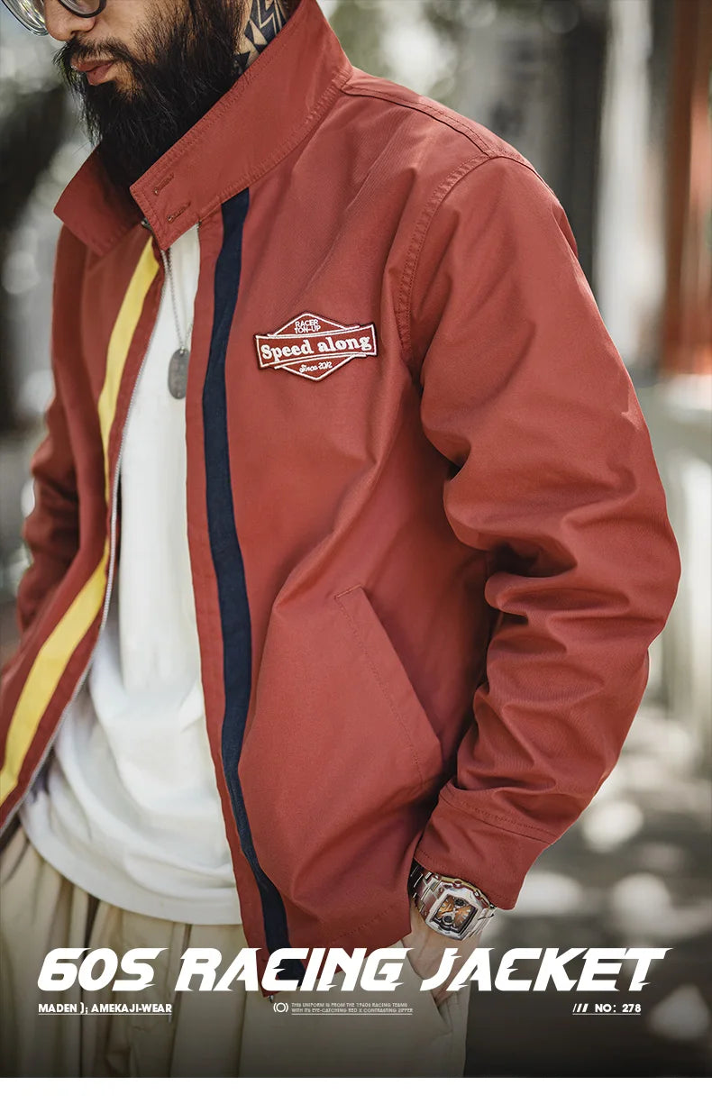 Herren Rennjacke Retro 60er Jahre Stehkragen Reißverschluss Sportlich Lässig