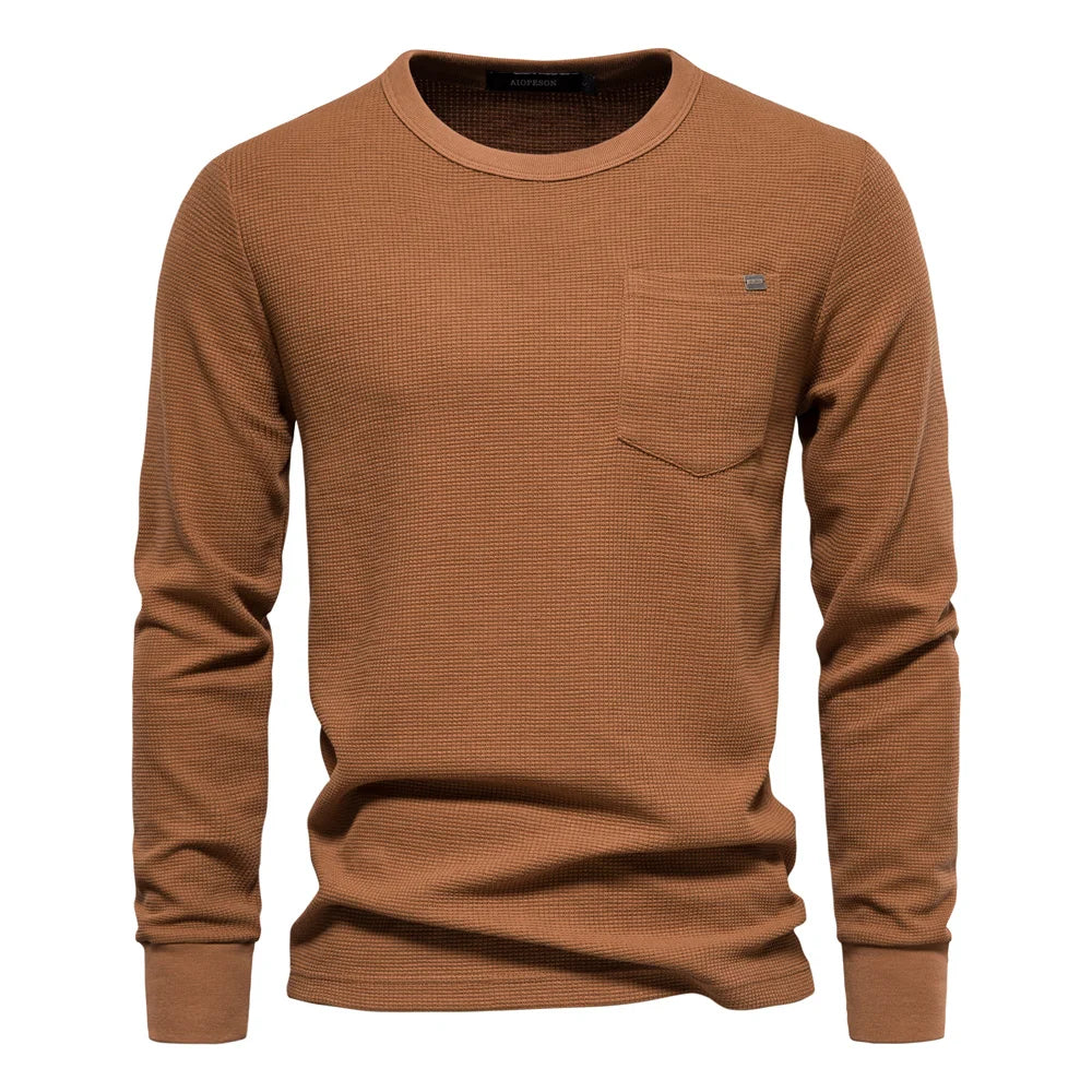 Herren-T-Shirt aus Waffel-Baumwolle mit langen Ärmeln – einfarbiges Einzeltaschen-Design, atmungsaktives Herbst-Basic-Oberteil für lässige Outfits