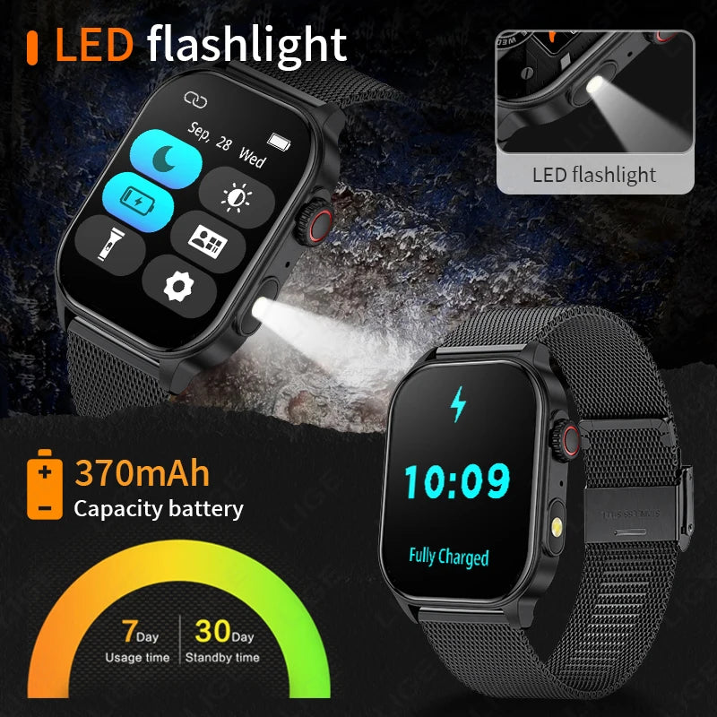 LIGE Neue Smartwatch für Herren, robust, Militär, Bluetooth, Anruf, Sport, Herzfrequenz, IP68, wasserdicht, Outdoor-Smartwatches mit Taschenlampe