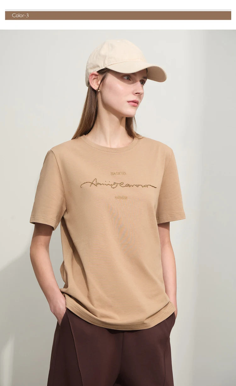 Damen T-Shirts im Minimalismus-Stil mit Kurzarm und Buchstaben-Stickerei