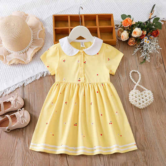 Baby Mädchen Sommerkleid Kurzarm Umlegekragen Baumwollkleidung für Mädchen im Alter von 2–6 Jahren Kinderkleider