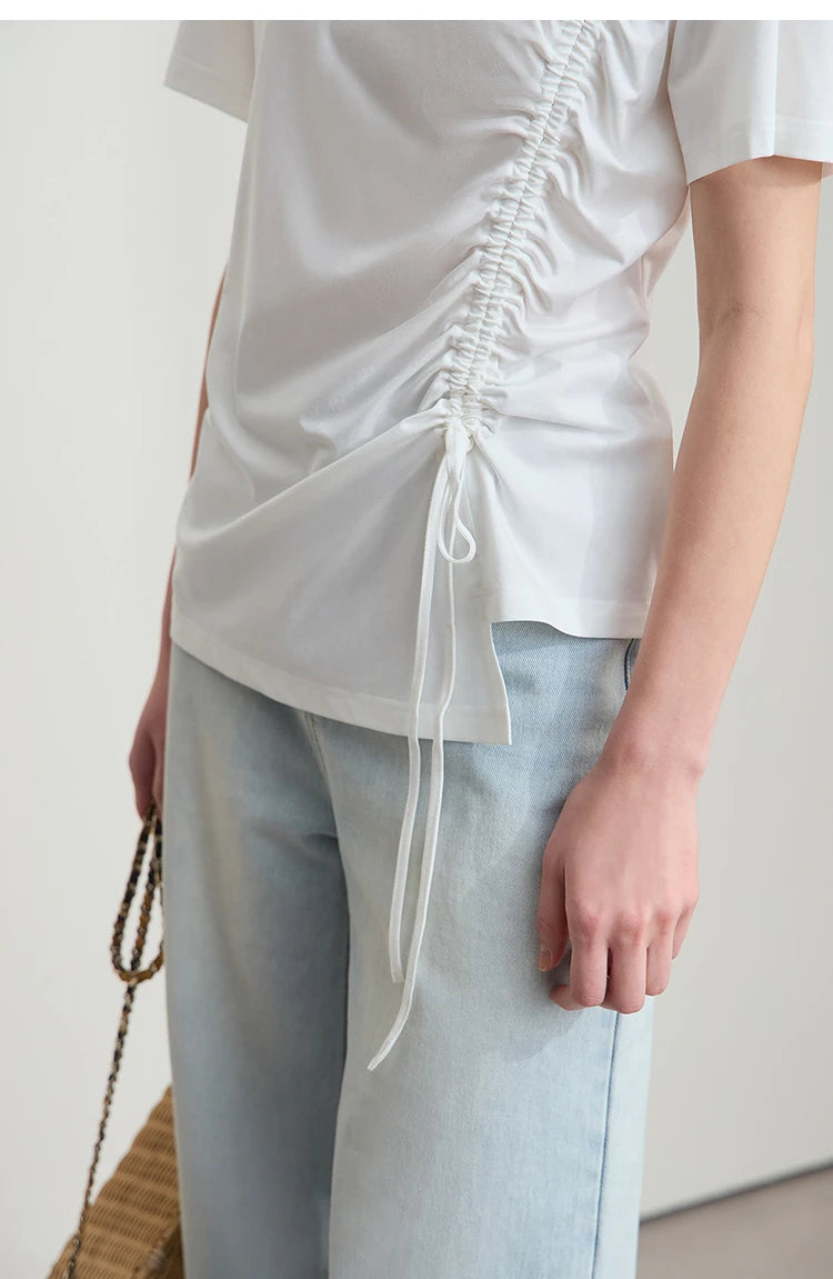 Damen Sommer T-Shirt mit Rundhals und Kordelzug in lässiger Form