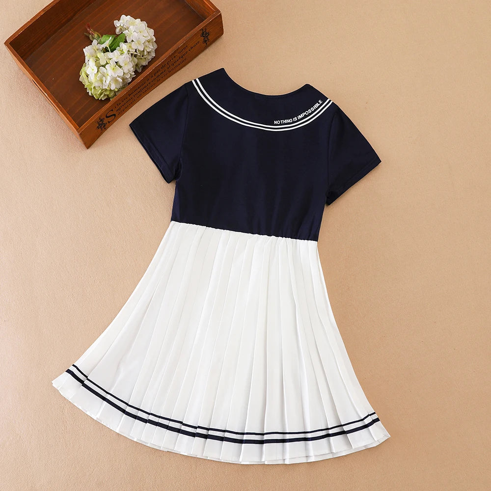 Kinder-Sommerkleid, Marineblau und Weiß, Mädchenkleid im Matrosenstil, kurzärmeliges, plissiertes Kleid mit Kragen und Schleife, Kinder-Schulkleidung