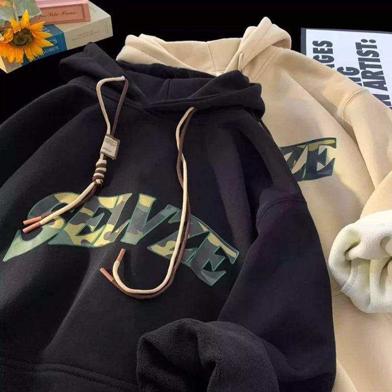 New in Camouflage Letter Printed Hooded Sweatshirts For Men Autumn Punk Hip Hop Fashion Hoodies Y2K Streetwear Fleece Hoody