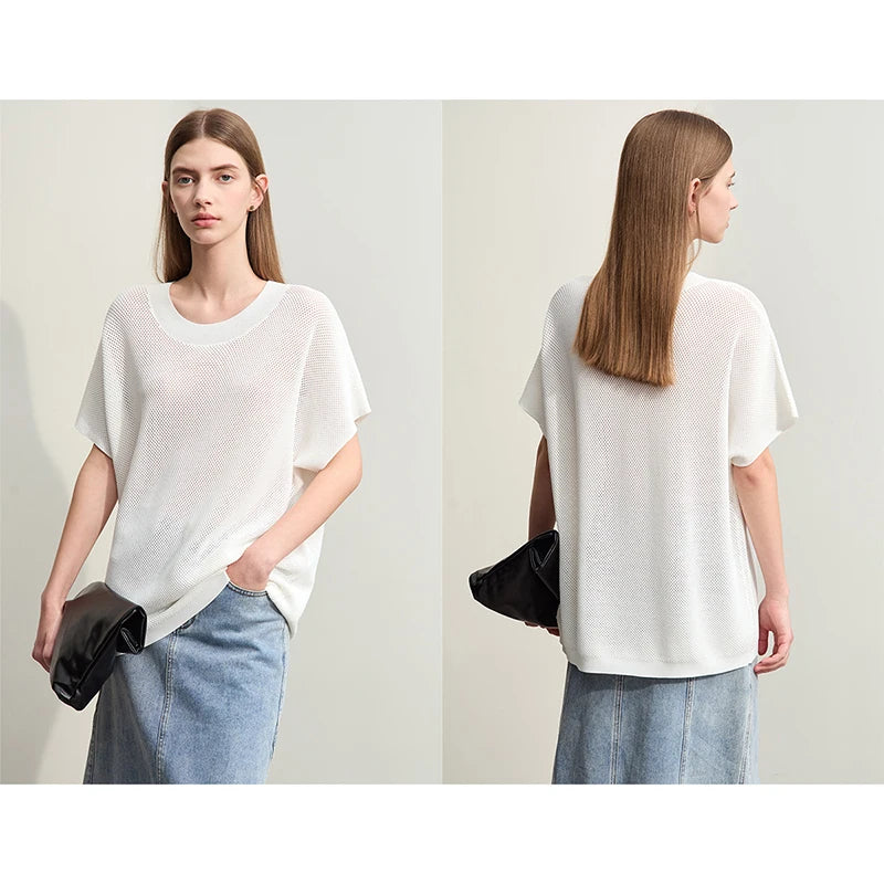 Damen-Rundhalspullover Wolle Aushöhlung locker Streetwear Sommer