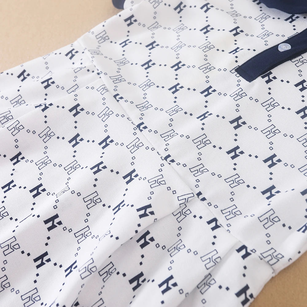Bedrucktes Polokleid für Mädchen mit marineblauem Kragen, kurzärmliges A-Linien-Kleid mit Monogramm-Muster, weiße Sommerkleider für Kinder