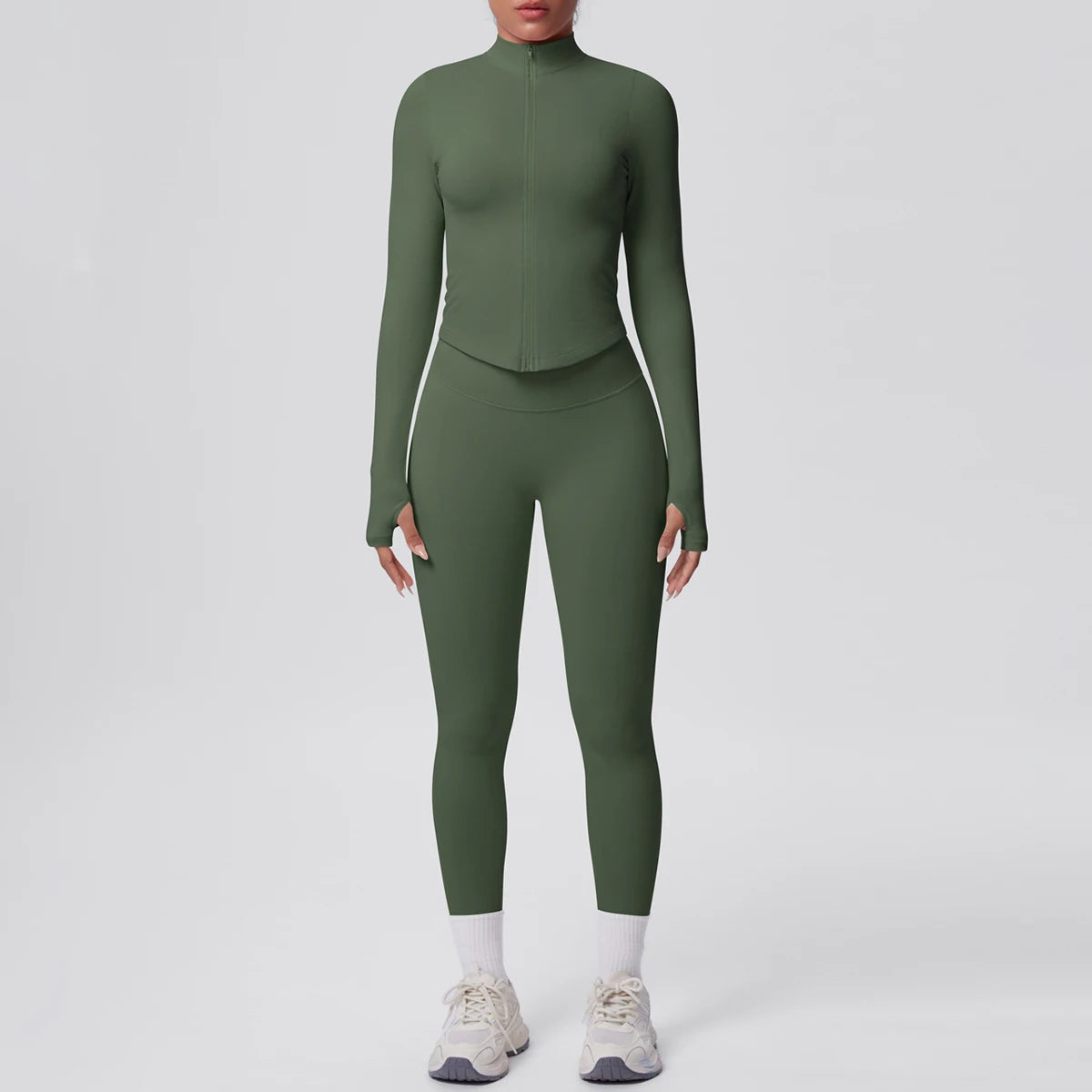 Olivegrünes Yoga-Set mit Reißverschluss-Longsleeve und Leggings, hohe Taille