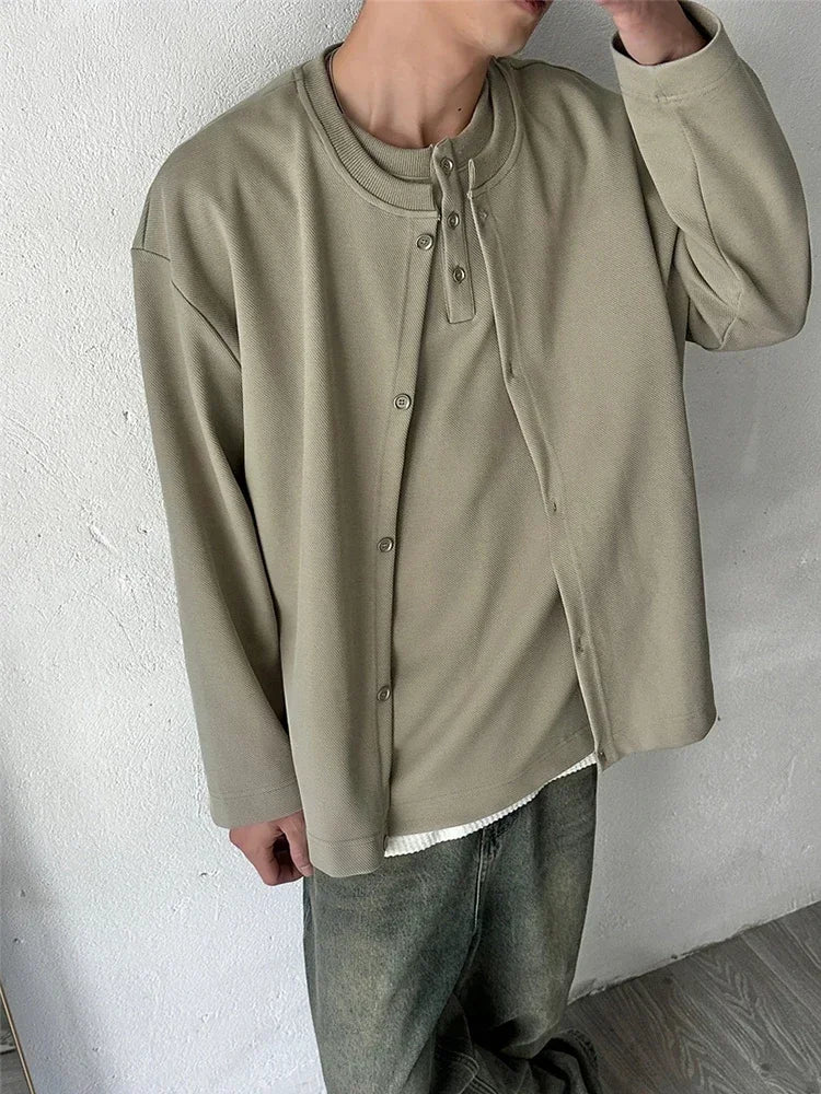 Herbst Vintage gefälschte zweiteilige Sweatshirts für Männer einfarbige Henley Neck Button Jacken koreanische Mode lose y2k Sudaderas