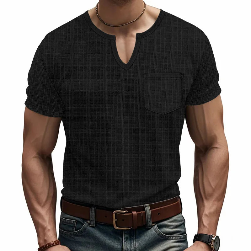 Herren-Casual-Poloshirt mit V-Ausschnitt, Brusttasche und Knopfleiste – vielseitiges, einfarbiges Business-T-Shirt